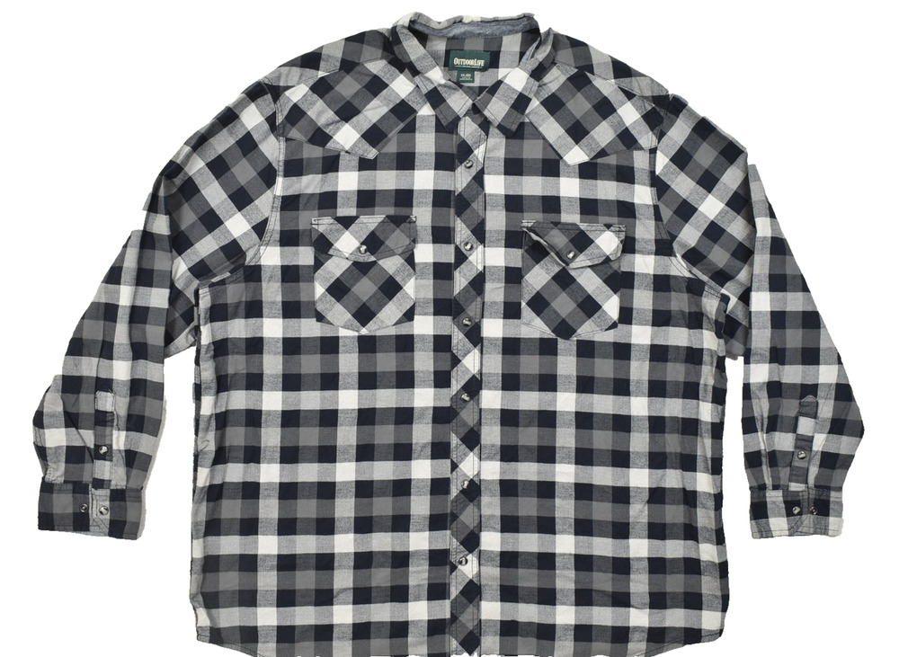 Outdoor Life Men's XXL Long Sleeve Plaid Button Down Western Shirt Black Gray